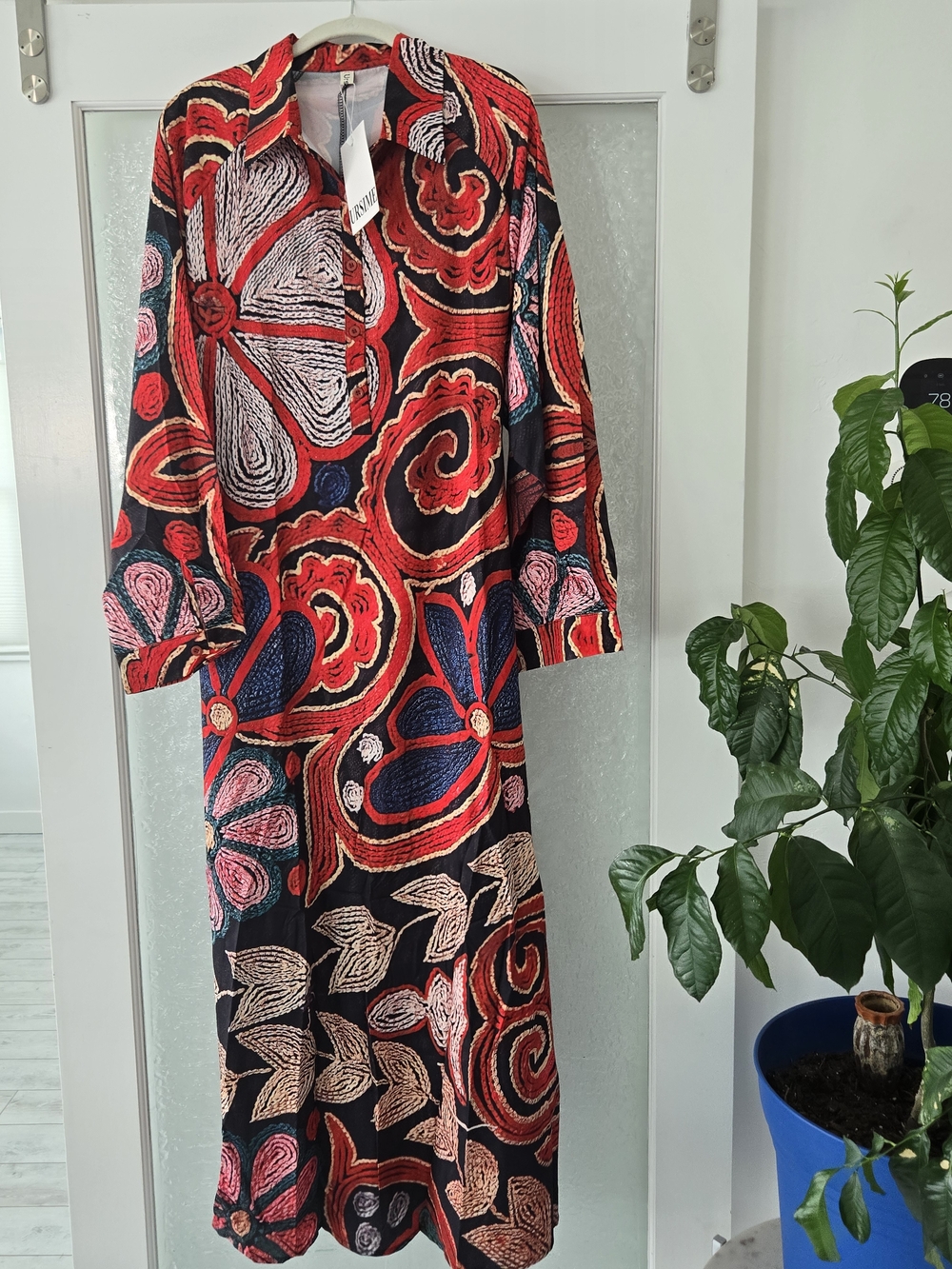 Button-front Floral Collared Maxi Dress in Red, Pink and Black